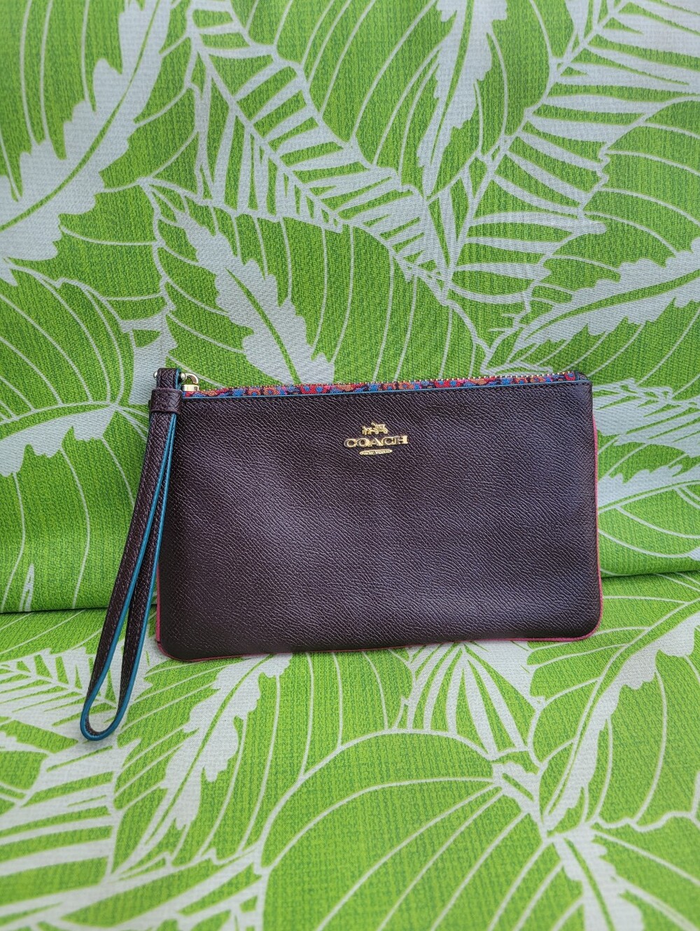 Coach Dark Burgundy Leather Wristlet with Multicolor Trim